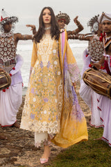 BrandsInn-3PC DHANAK CHIKAN EMBROIDERED SHIRT WITH COURTRAI PRINTED SHAWL & EMB TROUSER-BI-4088