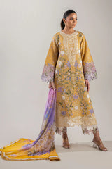 BrandsInn-3PC DHANAK CHIKAN EMBROIDERED SHIRT WITH COURTRAI PRINTED SHAWL & EMB TROUSER-BI-4088