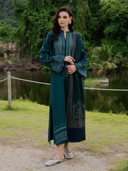 BrandsInn-3PC DHANAK EMBROIDERED SHIRT WITH COUTRAI PRINTED SHAWL AND TROUSER-BI-5272
