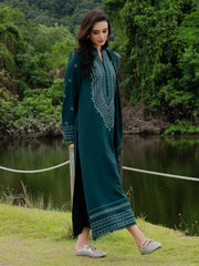 BrandsInn-3PC DHANAK EMBROIDERED SHIRT WITH COUTRAI PRINTED SHAWL AND TROUSER-BI-5272