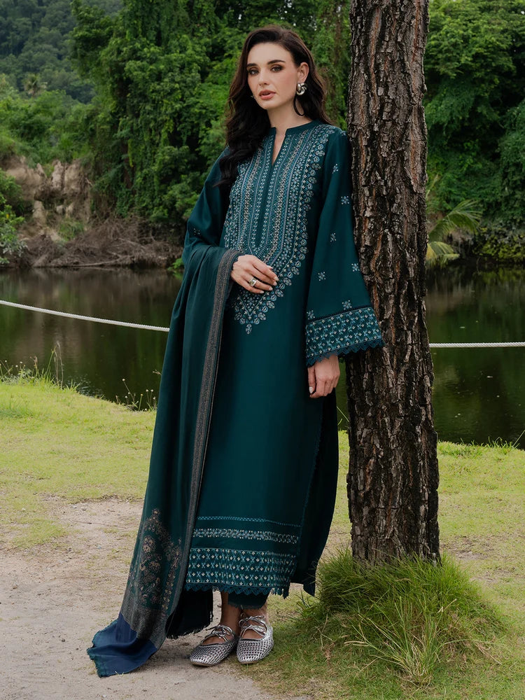 BrandsInn-3PC DHANAK EMBROIDERED SHIRT WITH COUTRAI PRINTED SHAWL AND TROUSER-BI-5272