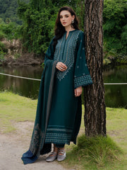 BrandsInn-3PC DHANAK EMBROIDERED SHIRT WITH COUTRAI PRINTED SHAWL AND TROUSER-BI-5272