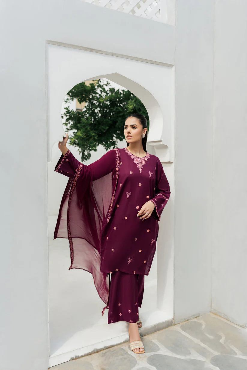 BrandsInn-3PC DHANAK EMBROIDERED SHIRT WITH CHIFFON EMBROIDRED DUPATTA AND TROUSER-BI-4097