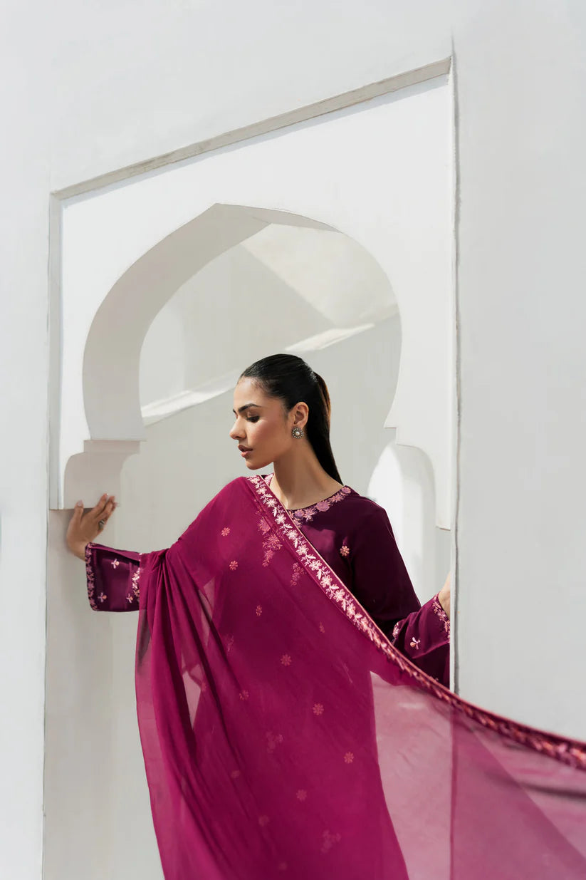 BrandsInn-3PC DHANAK EMBROIDERED SHIRT WITH CHIFFON EMBROIDRED DUPATTA AND TROUSER-BI-4097