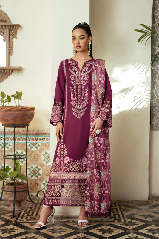 BrandsInn-3PC DHANAK EMBROIDERED SHIRT WITH COURTRAI WOOL PRINTED SHAWL AND TROUSER-BI-4185