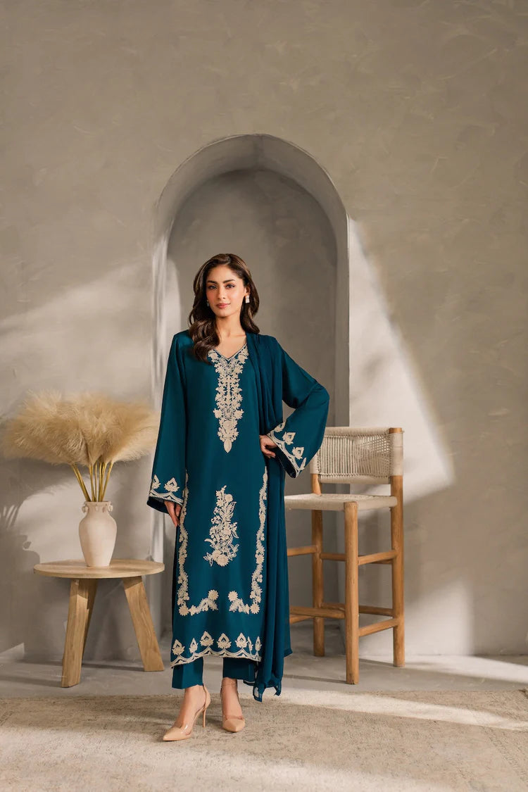 BrandsInn-3PC DHANAK EMBROIDERED SHIRT WITH BAMBER CHIFFON DUPATTA AND TROUSER-BI-4259