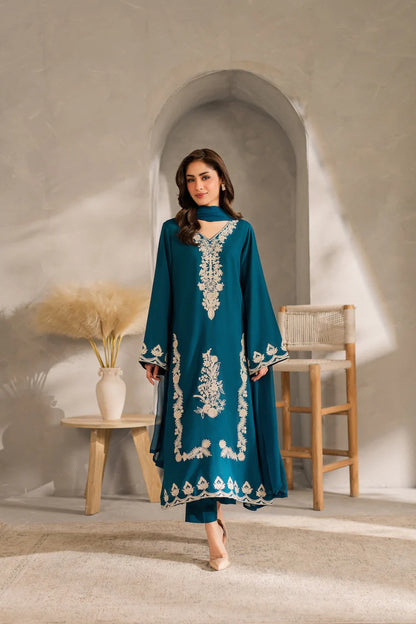 BrandsInn-3PC DHANAK EMBROIDERED SHIRT WITH BAMBER CHIFFON DUPATTA AND TROUSER-BI-4259