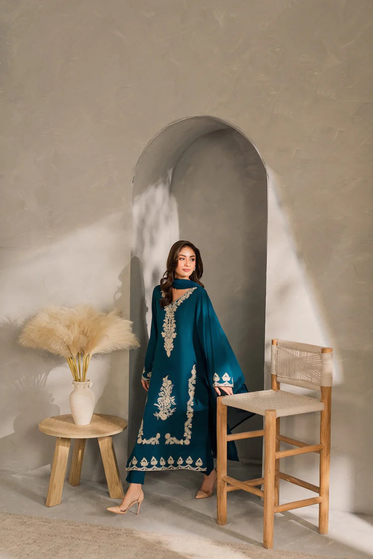 BrandsInn-3PC DHANAK EMBROIDERED SHIRT WITH BAMBER CHIFFON DUPATTA AND TROUSER-BI-4259