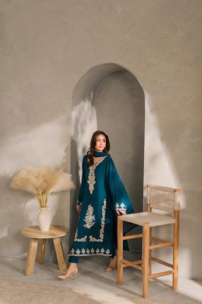 BrandsInn-3PC DHANAK EMBROIDERED SHIRT WITH BAMBER CHIFFON DUPATTA AND TROUSER-BI-4259