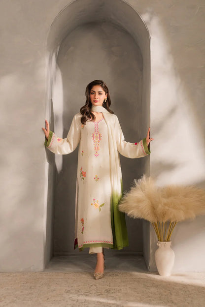 BrandsInn-3PC DHANAK EMBROIDERED SHIRT WITH BAMBER CHIFFON DUPATTA AND TROUSER-BI-4289