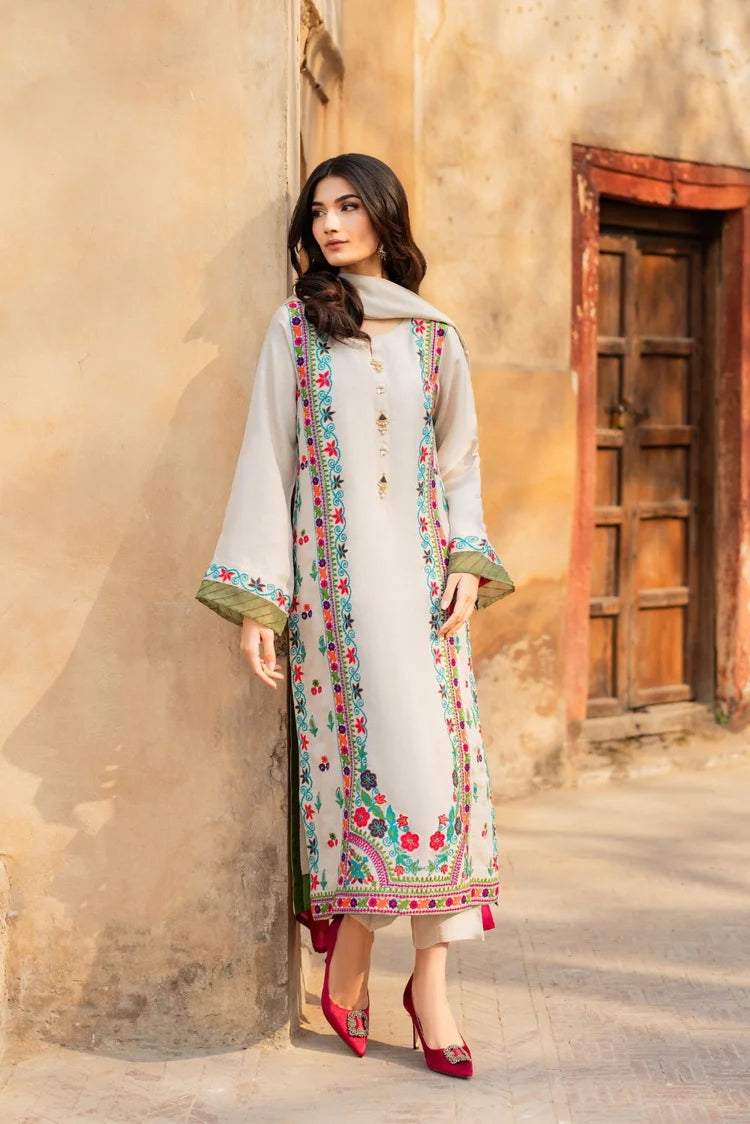 BrandsInn-3PC RAW SILK EMBROIDERED SHIRT WITH CHIFFON TYE&DYE DUPATTA AND TROUSER-BI-5150