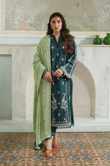 BrandsInn-3PC DHANAK EMBROIDERED SHIRT WITH DHANAK EMBROIDERED SHAWL & TROUSER-BI-4135