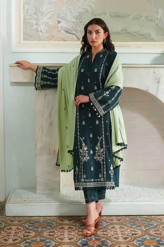 BrandsInn-3PC DHANAK EMBROIDERED SHIRT WITH DHANAK EMBROIDERED SHAWL & TROUSER-BI-4135