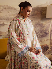 BrandsInn-3PC DHANAK EMBROIDERED SHIRT WITH COURTRAI PRINTED SHAWL & TROUSER-BI-4329