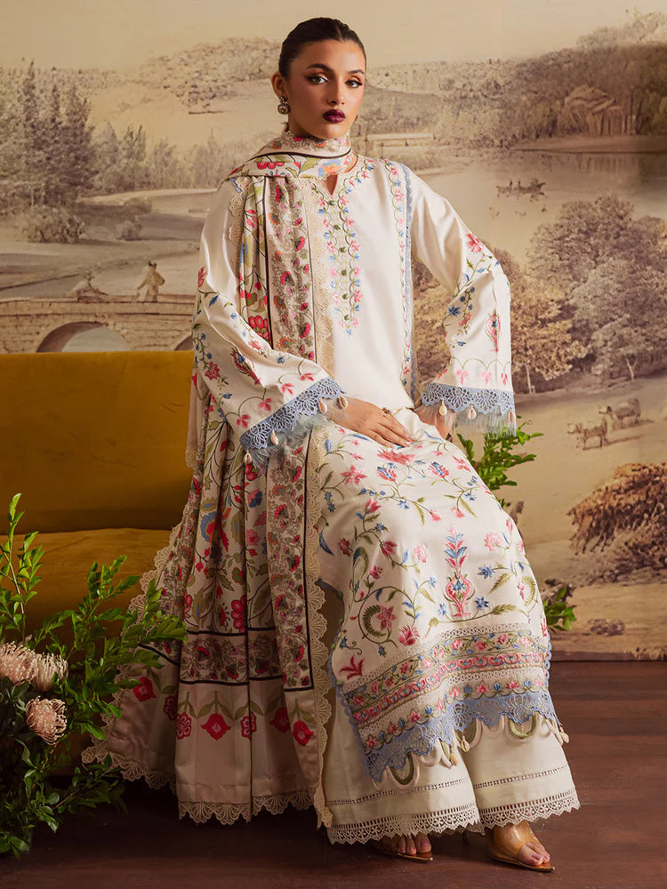 BrandsInn-3PC DHANAK EMBROIDERED SHIRT WITH COURTRAI PRINTED SHAWL & TROUSER-BI-4329