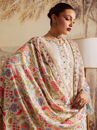 BrandsInn-3PC DHANAK EMBROIDERED SHIRT WITH COURTRAI PRINTED SHAWL & TROUSER-BI-4329