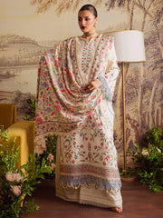 BrandsInn-3PC DHANAK EMBROIDERED SHIRT WITH COURTRAI PRINTED SHAWL & TROUSER-BI-4329