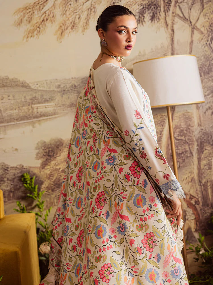 BrandsInn-3PC DHANAK EMBROIDERED SHIRT WITH COURTRAI PRINTED SHAWL & TROUSER-BI-4329