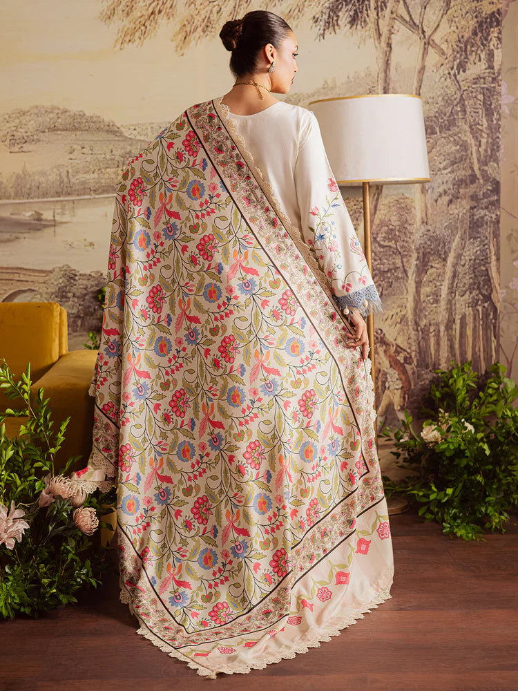 BrandsInn-3PC DHANAK EMBROIDERED SHIRT WITH COURTRAI PRINTED SHAWL & TROUSER-BI-4329