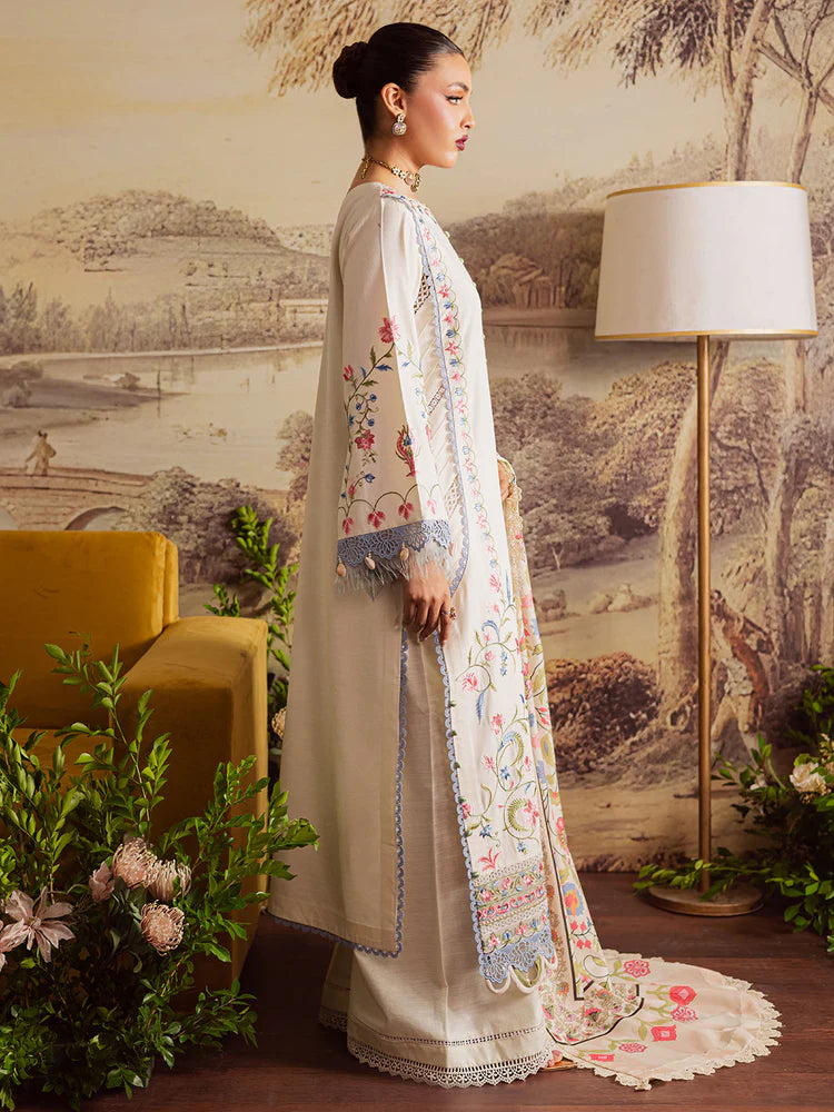 BrandsInn-3PC DHANAK EMBROIDERED SHIRT WITH COURTRAI PRINTED SHAWL & TROUSER-BI-4329