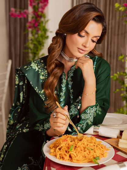 BrandsInn-3PC DHANAK EMBROIDERED SHIRT WITH COURTRAI PRINTED SHAWL & TROUSER-BI-4327