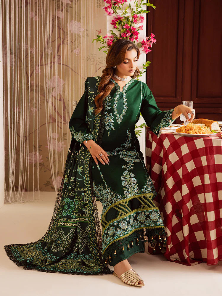 BrandsInn-3PC DHANAK EMBROIDERED SHIRT WITH COURTRAI PRINTED SHAWL & TROUSER-BI-4327
