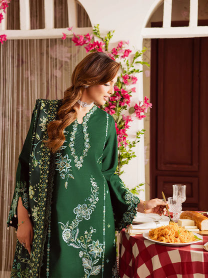 BrandsInn-3PC DHANAK EMBROIDERED SHIRT WITH COURTRAI PRINTED SHAWL & TROUSER-BI-4327