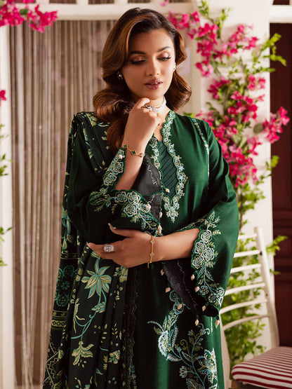 BrandsInn-3PC DHANAK EMBROIDERED SHIRT WITH COURTRAI PRINTED SHAWL & TROUSER-BI-4327