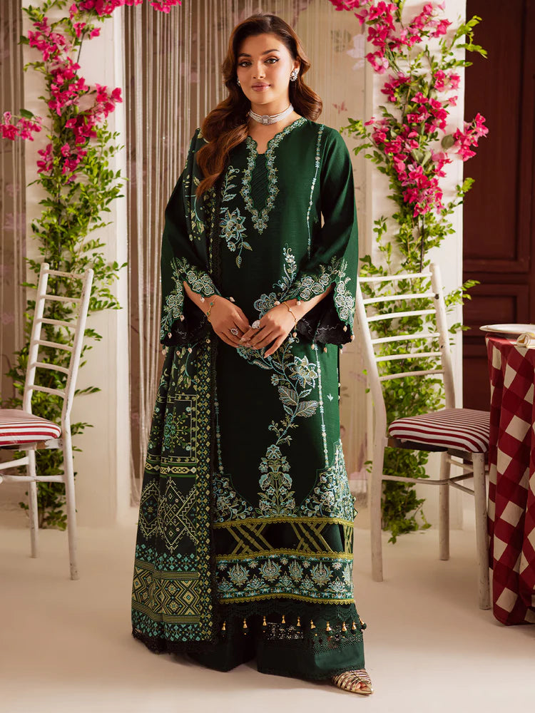 BrandsInn-3PC DHANAK EMBROIDERED SHIRT WITH COURTRAI PRINTED SHAWL & TROUSER-BI-4327