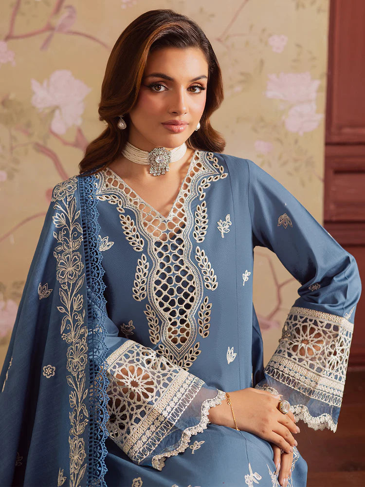 BrandsInn-3PC DHANAK EMBROIDERED SHIRT WITH DHANAK EMBROIDERED SHAWL & TROUSER-BI-4323