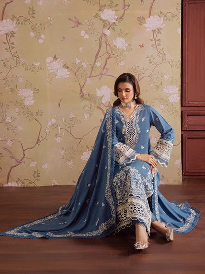 BrandsInn-3PC DHANAK EMBROIDERED SHIRT WITH DHANAK EMBROIDERED SHAWL & TROUSER-BI-4323