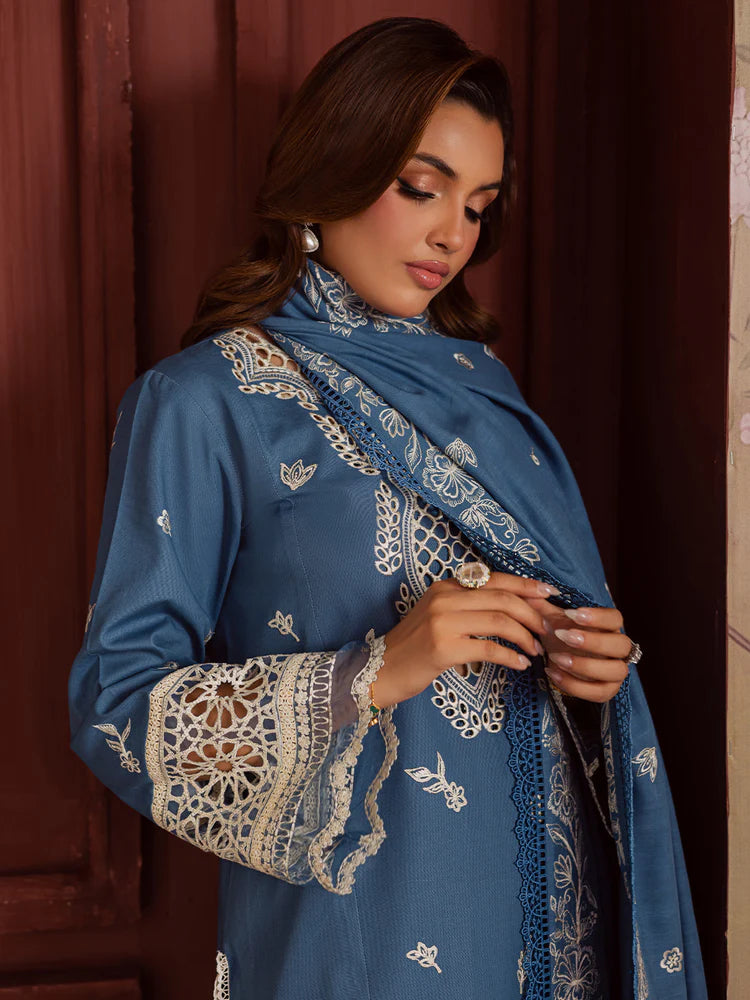 BrandsInn-3PC DHANAK EMBROIDERED SHIRT WITH DHANAK EMBROIDERED SHAWL & TROUSER-BI-4323