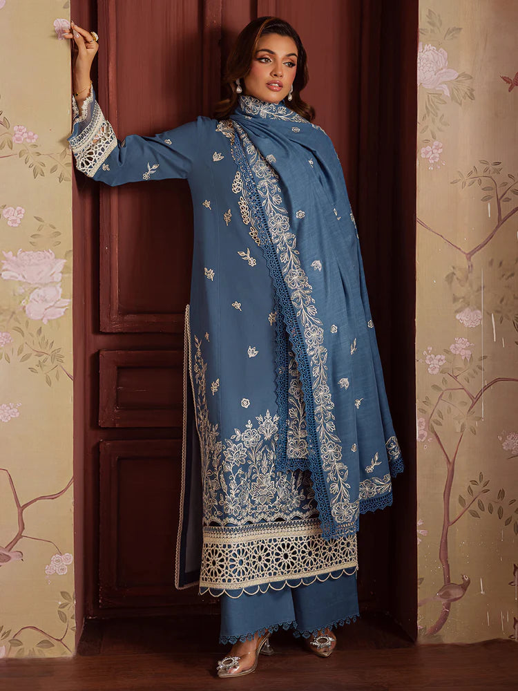 BrandsInn-3PC DHANAK EMBROIDERED SHIRT WITH DHANAK EMBROIDERED SHAWL & TROUSER-BI-4323