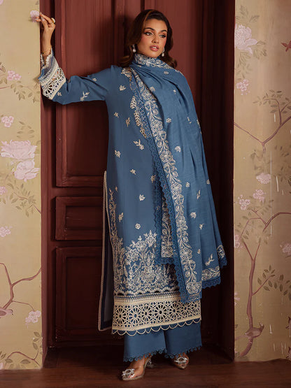 BrandsInn-3PC DHANAK EMBROIDERED SHIRT WITH DHANAK EMBROIDERED SHAWL & TROUSER-BI-4323