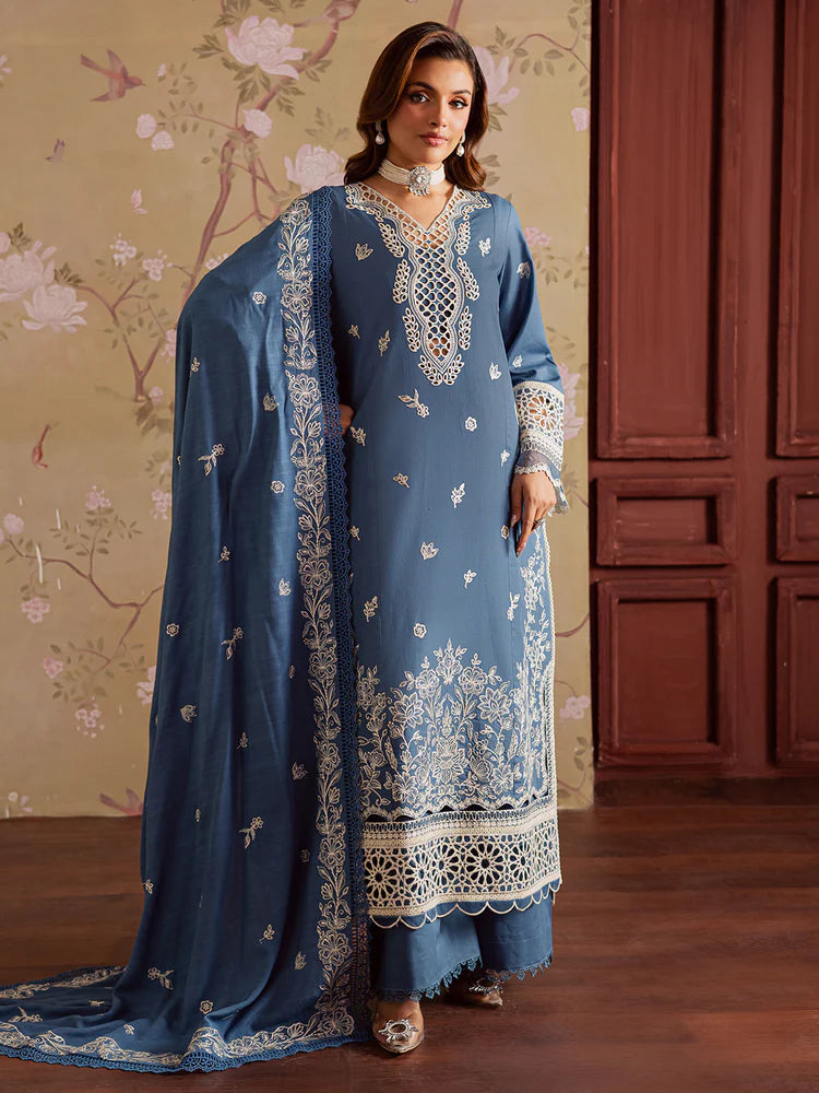 BrandsInn-3PC DHANAK EMBROIDERED SHIRT WITH DHANAK EMBROIDERED SHAWL & TROUSER-BI-4323