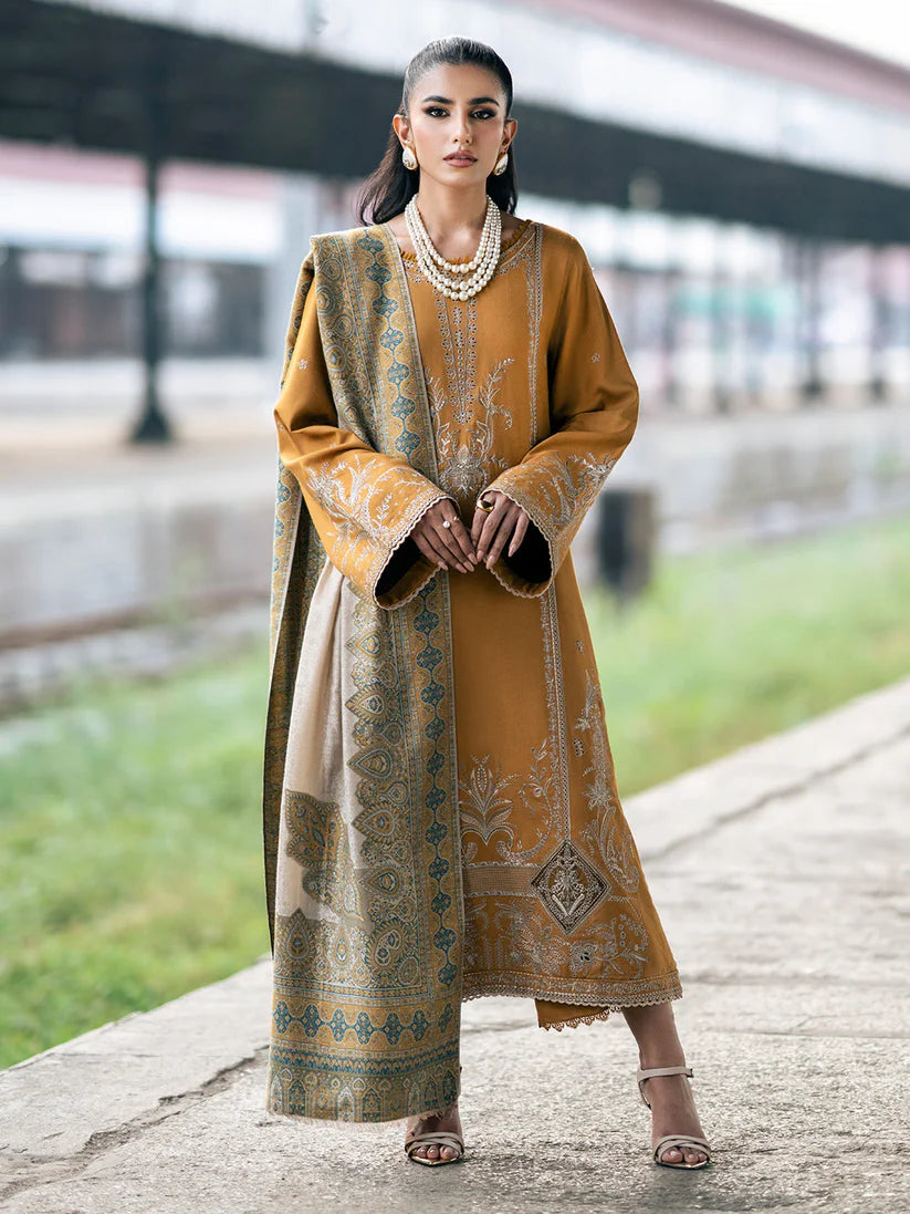 BrandsInn-3PC DHANAK EMBROIDERED SHIRT WITH COUTRAI PRINTED SHAWL & TROUSER-BI-4137