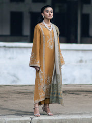 BrandsInn-3PC DHANAK EMBROIDERED SHIRT WITH COUTRAI PRINTED SHAWL & TROUSER-BI-4137