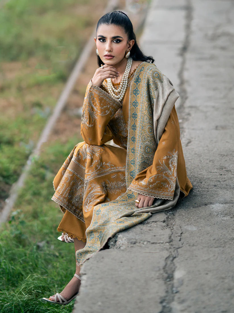 BrandsInn-3PC DHANAK EMBROIDERED SHIRT WITH COUTRAI PRINTED SHAWL & TROUSER-BI-4137