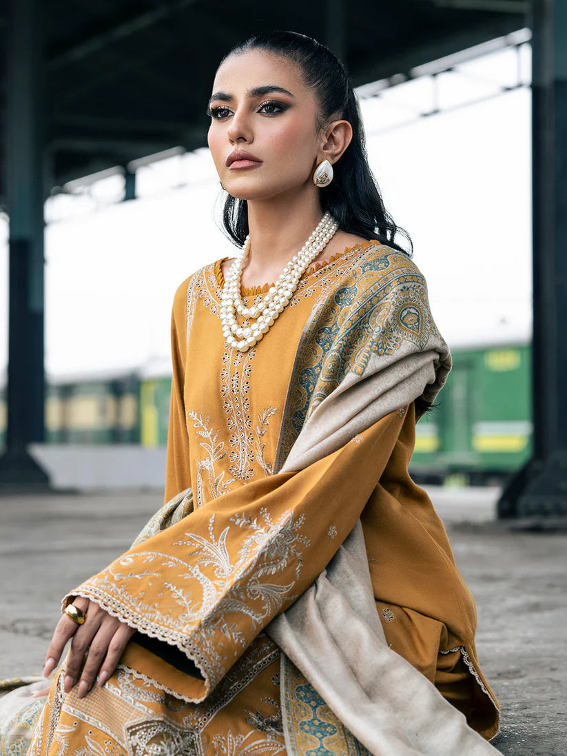 BrandsInn-3PC DHANAK EMBROIDERED SHIRT WITH COUTRAI PRINTED SHAWL & TROUSER-BI-4137
