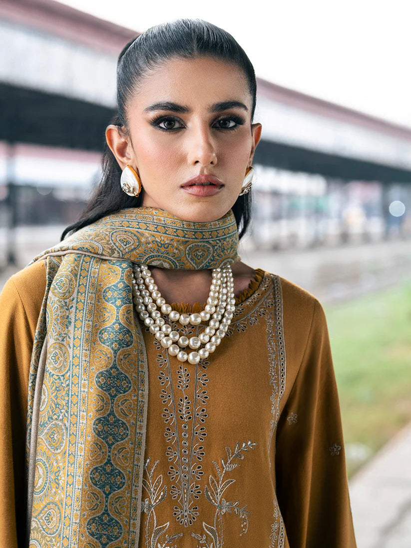 BrandsInn-3PC DHANAK EMBROIDERED SHIRT WITH COUTRAI PRINTED SHAWL & TROUSER-BI-4137