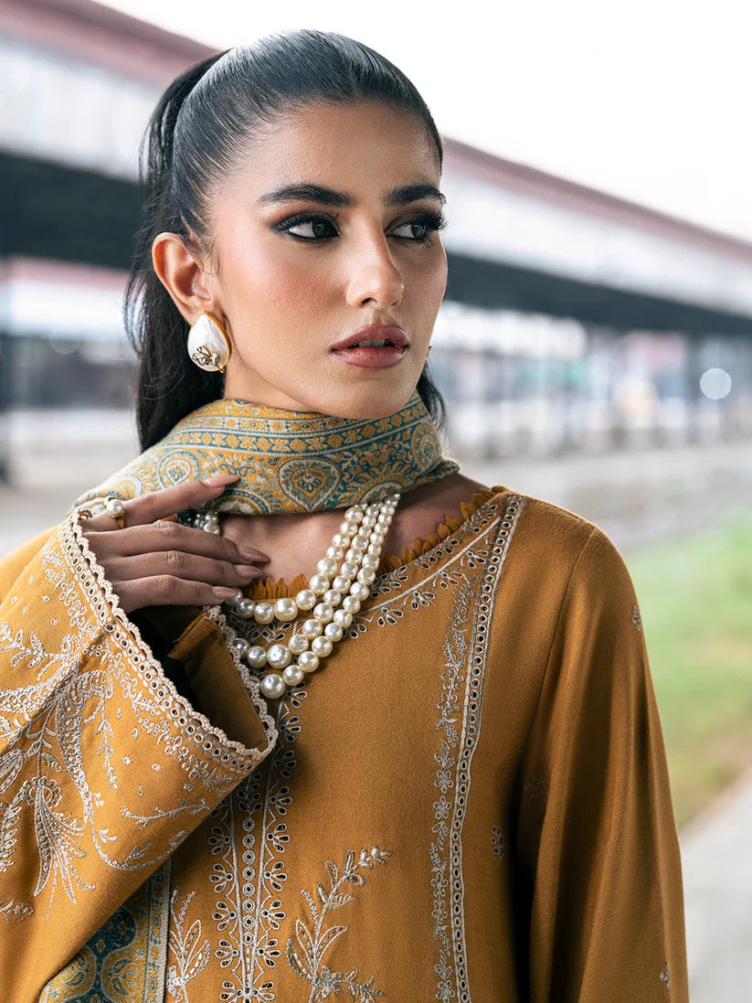 BrandsInn-3PC DHANAK EMBROIDERED SHIRT WITH COUTRAI PRINTED SHAWL & TROUSER-BI-4137