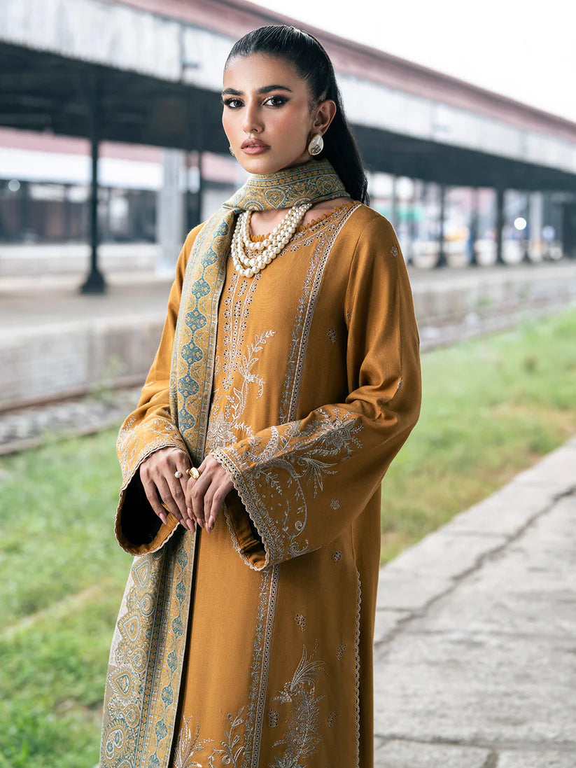 BrandsInn-3PC DHANAK EMBROIDERED SHIRT WITH COUTRAI PRINTED SHAWL & TROUSER-BI-4137