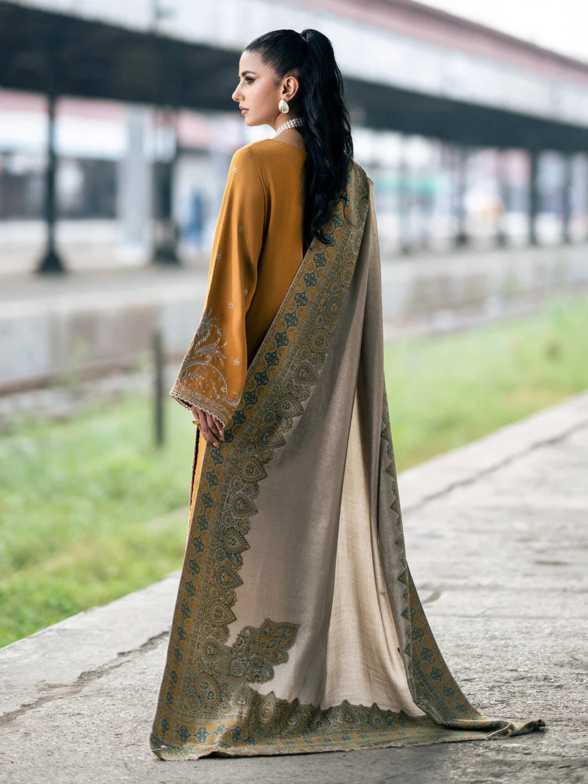 BrandsInn-3PC DHANAK EMBROIDERED SHIRT WITH COUTRAI PRINTED SHAWL & TROUSER-BI-4137