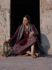 BrandsInn-3PC DHANAK EMBROIDERED SHIRT WITH COURTRAI PRINTED SHAWL & TROUSER-BI-4364