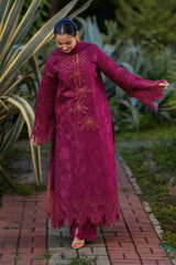 BrandsInn-3PC DHANAK EMBROIDERED SHIRT WITH KHADDI NET EMB DUPATTA AND EMB TROUSER-BI-5077