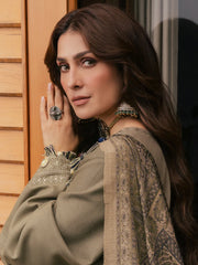 BrandsInn-3PC DHANAK EMBROIDERED SHIRT WITH COUTRAI PRINTED SHAWL AND TROUSER-BI-5328