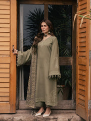 BrandsInn-3PC DHANAK EMBROIDERED SHIRT WITH COUTRAI PRINTED SHAWL AND TROUSER-BI-5328