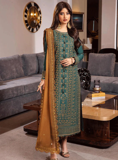 ASIM JOFA-3PC DHANAK EMBROIDERED SHIRT WITH CHIFFON EMBROIDERED DUPATTA AND TROUSER-BI-184