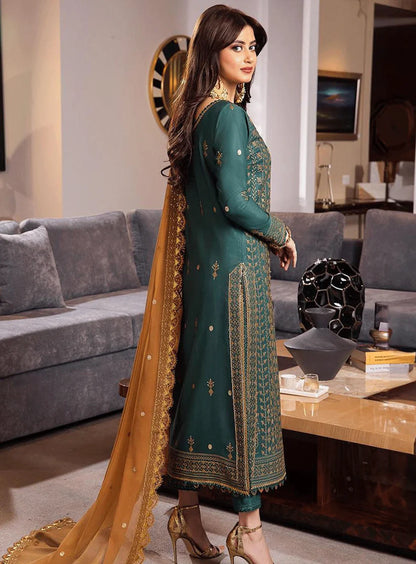 ASIM JOFA-3PC DHANAK EMBROIDERED SHIRT WITH CHIFFON EMBROIDERED DUPATTA AND TROUSER-BI-184