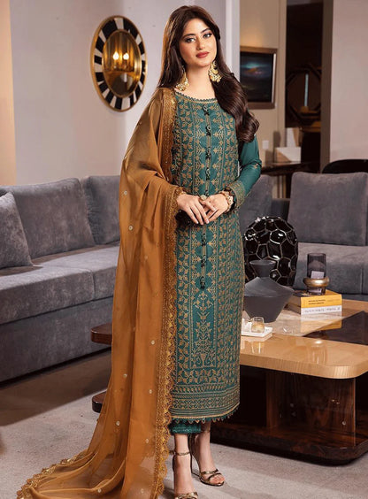ASIM JOFA-3PC DHANAK EMBROIDERED SHIRT WITH CHIFFON EMBROIDERED DUPATTA AND TROUSER-BI-184